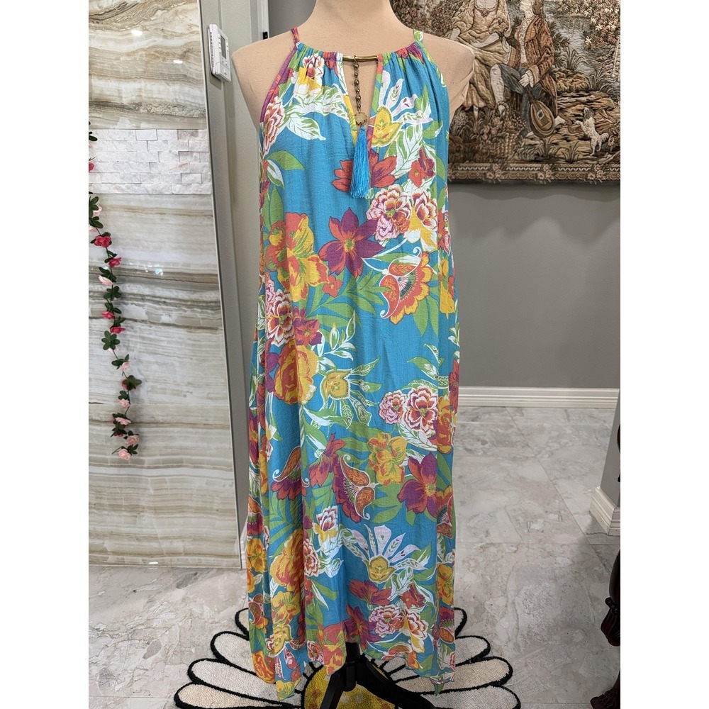 Mlle Gabrielle Dress Womens 1X Blue Floral Halter Maxi Tassel Sundress Beach